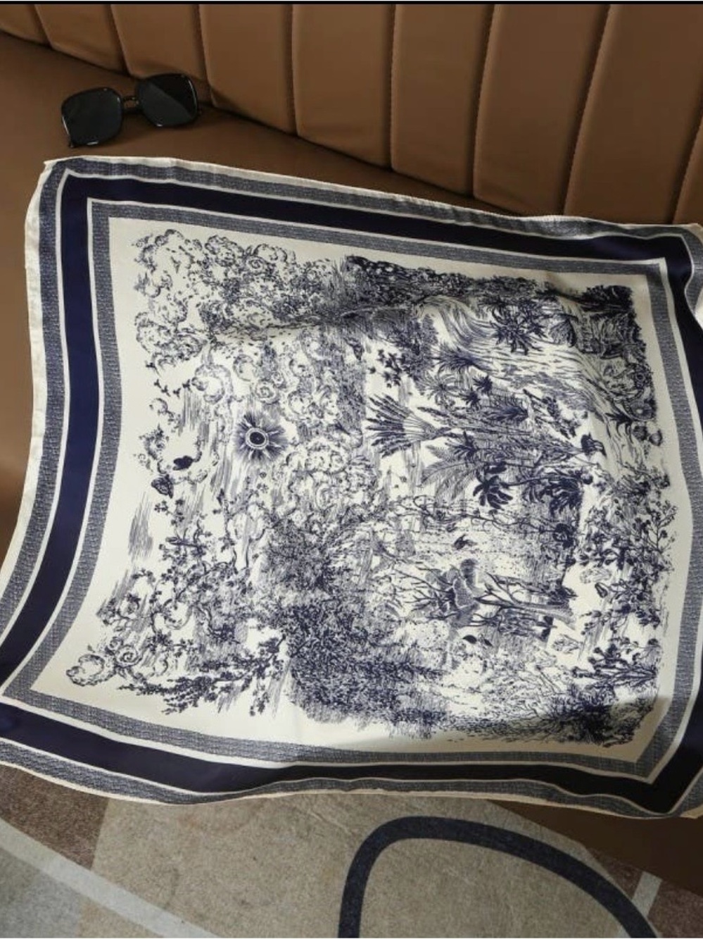 🖤 Vintage Toile Print Square Scarf | Navy & Ivory Bandana